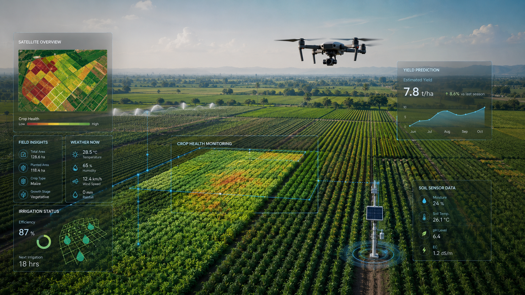 KenAgri AI monitoring crop health, yield prediction, soil sensors and irrigation status across a field via drone and satellite