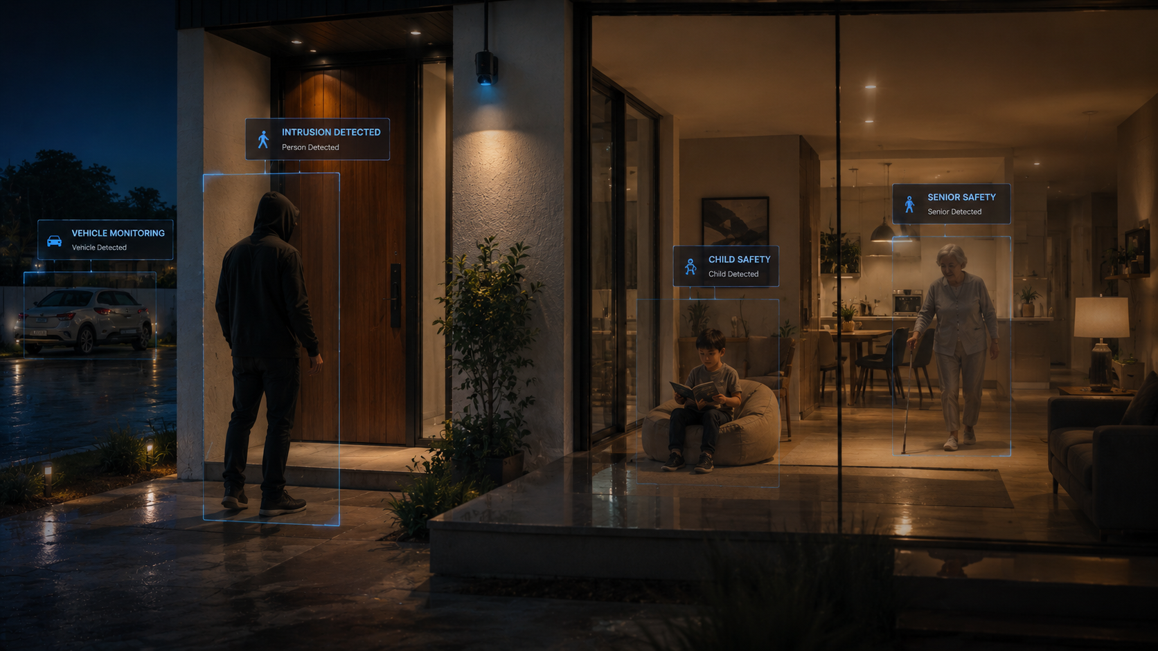 KenHome AI detecting an intrusion, vehicle, child and senior across a home's exterior and interior at night