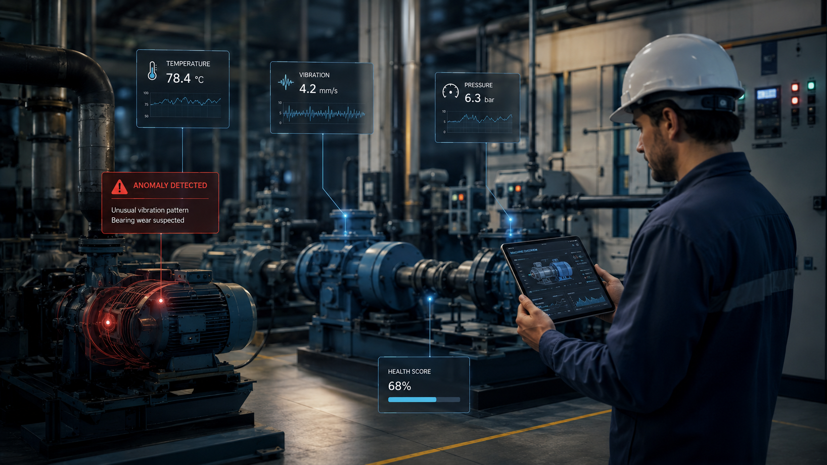 KenIoT AI monitoring temperature, vibration and pressure on an industrial pump, flagging an anomaly and health score