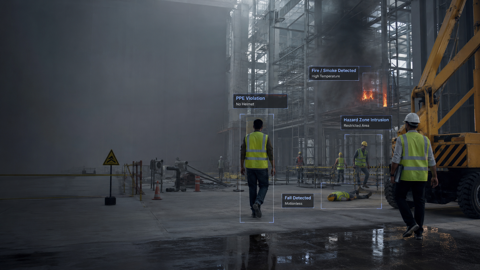 KenSafety AI detecting PPE violations, fire/smoke, hazard zone intrusion and a fall on a construction site